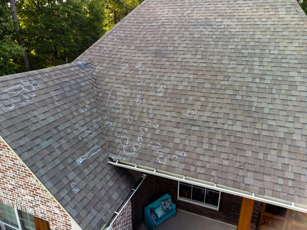 A rooftop with numerous chalk marks indicating hail damage is shown from an elevated angle. The roof is part of a brick house with a porch underneath.